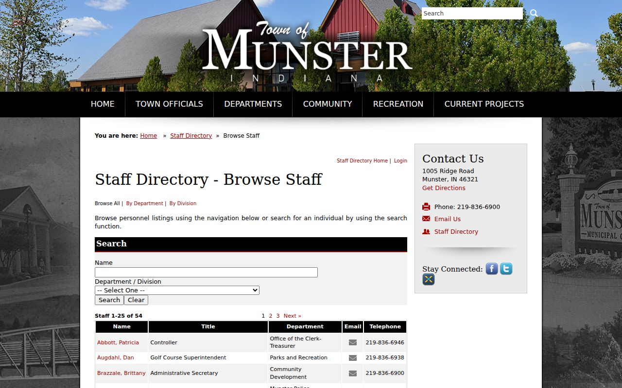 Munster town staff directory for routing neighborhood record questions