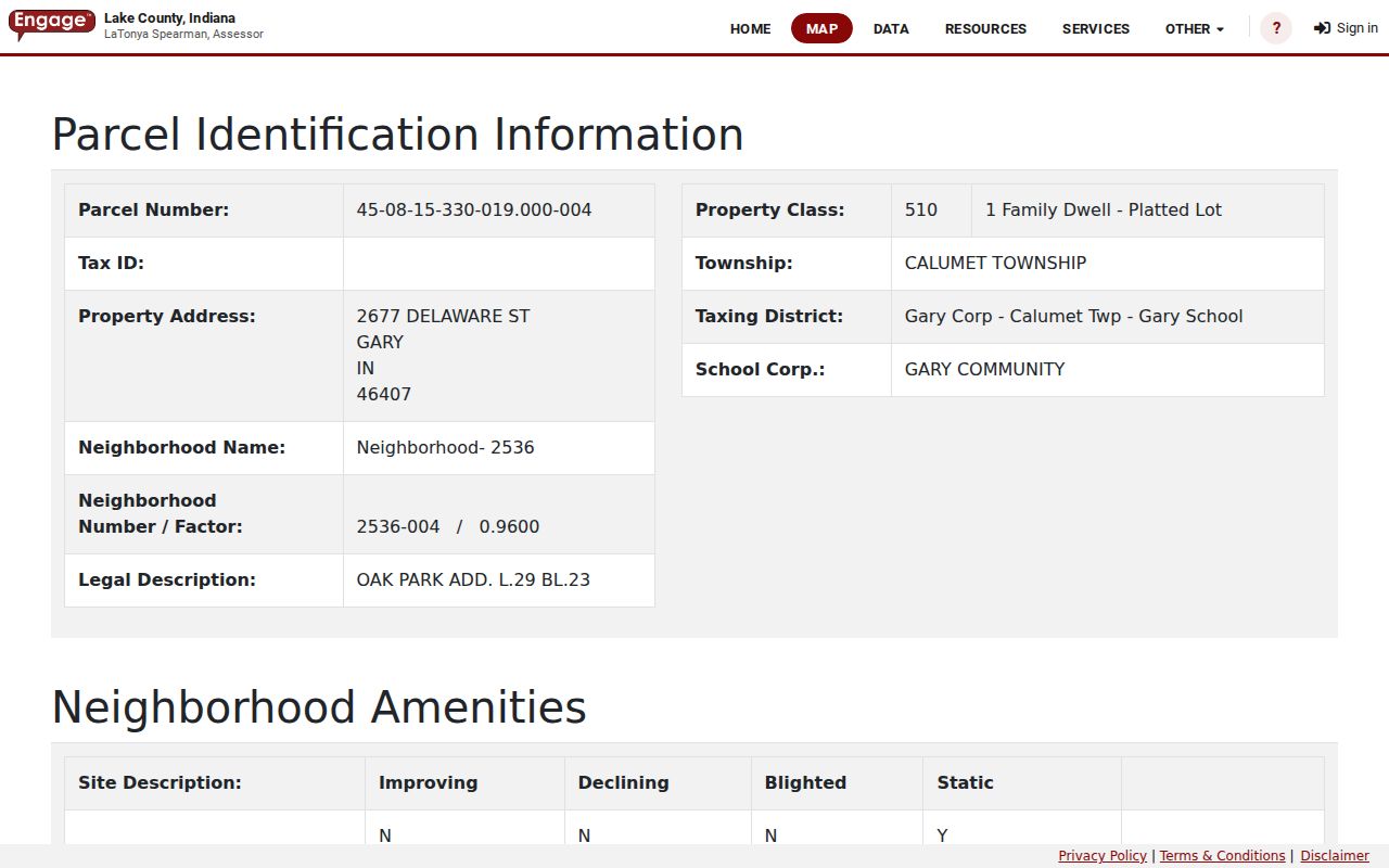Lake County parcel detail tabs and land improvement fields
