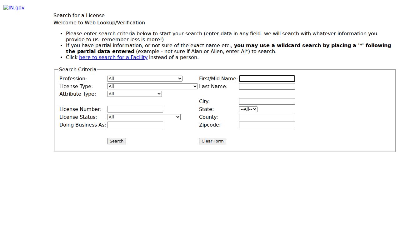 Indiana professional license search with a ZIP Code field for Munster searches